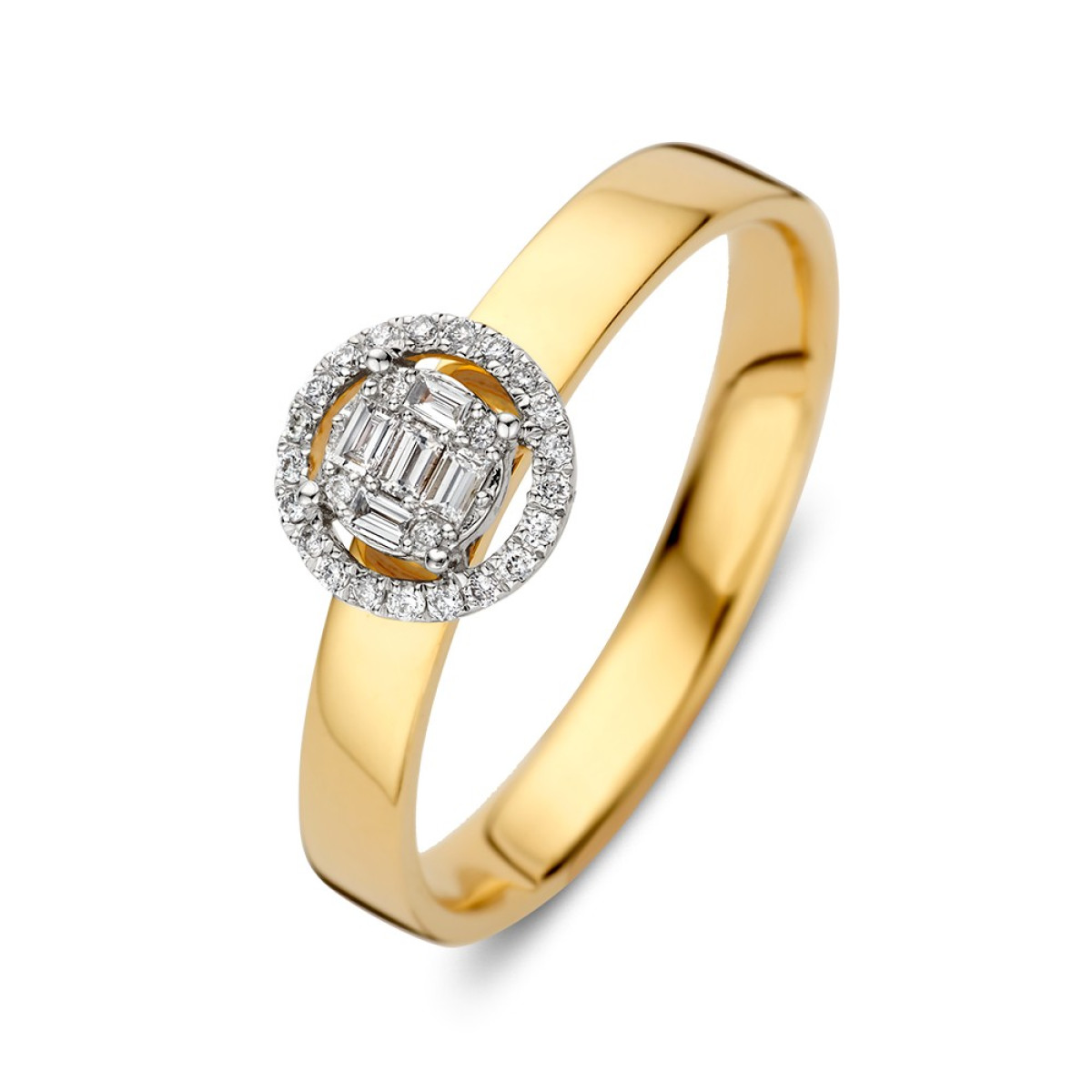 14-karaat gouden ring met ronde witgouden halo gezet met diamanten 0.17 crt