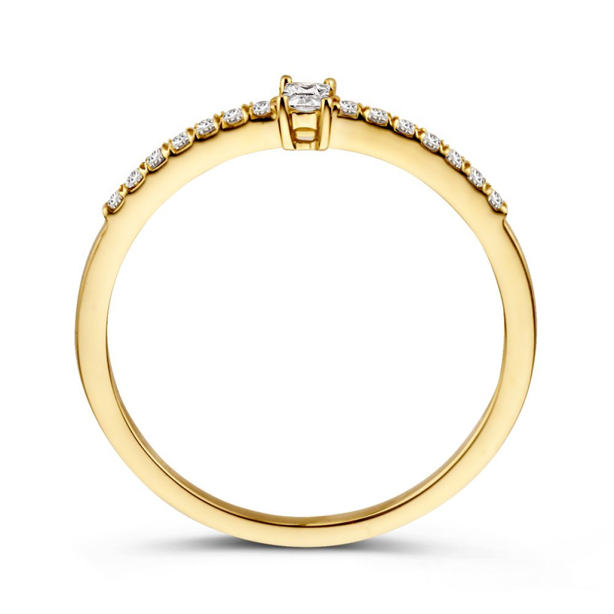14-karaat gouden ring met solitaire rechthoekige zirkonia en zijstenen