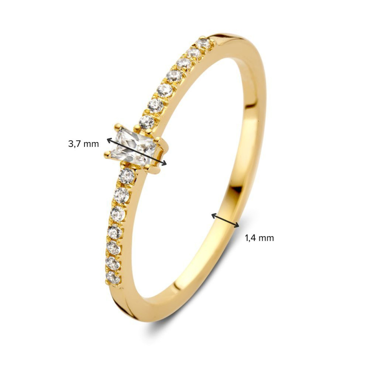 14-karaat gouden ring met solitaire rechthoekige zirkonia en zijstenen