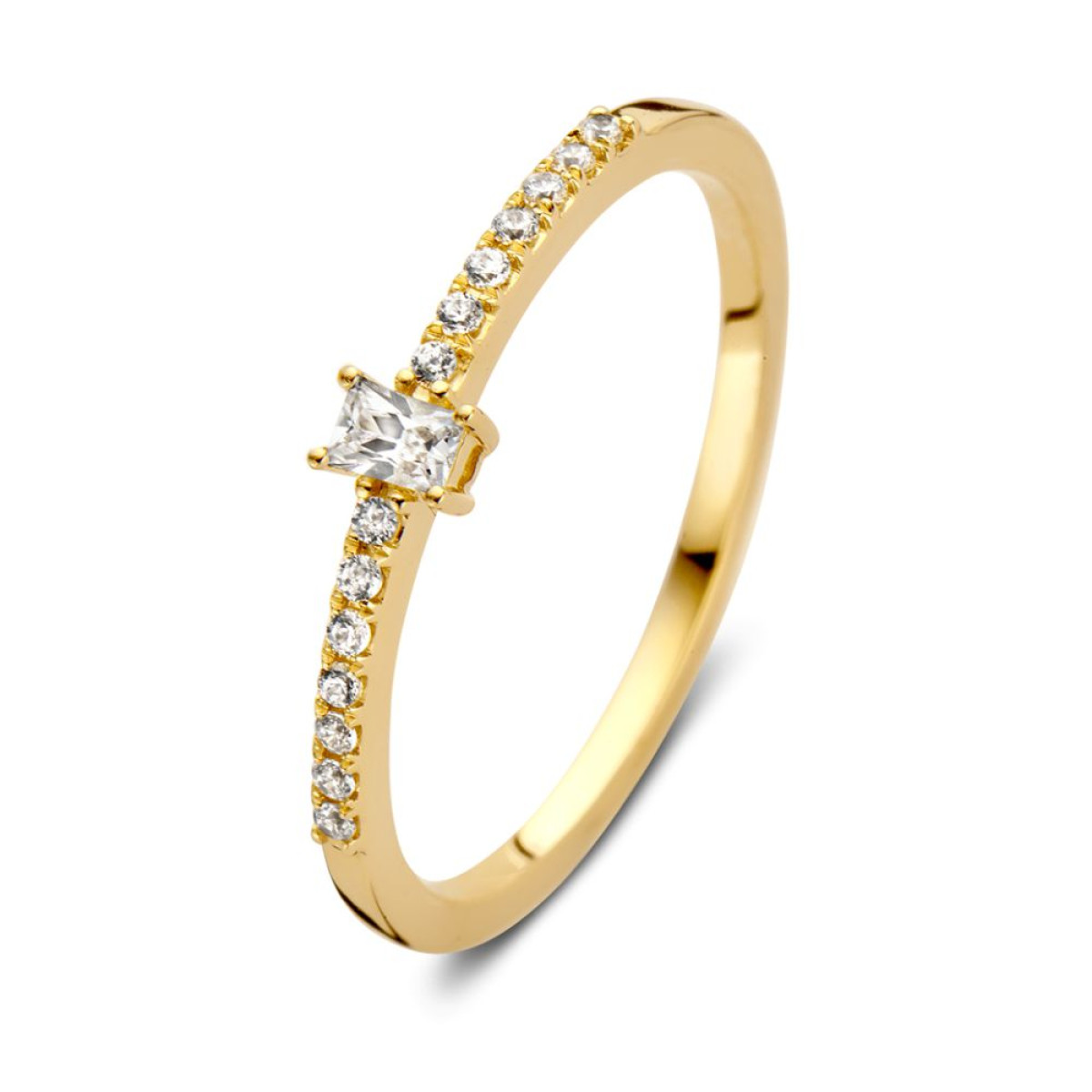 14-karaat gouden ring met solitaire rechthoekige zirkonia en zijstenen