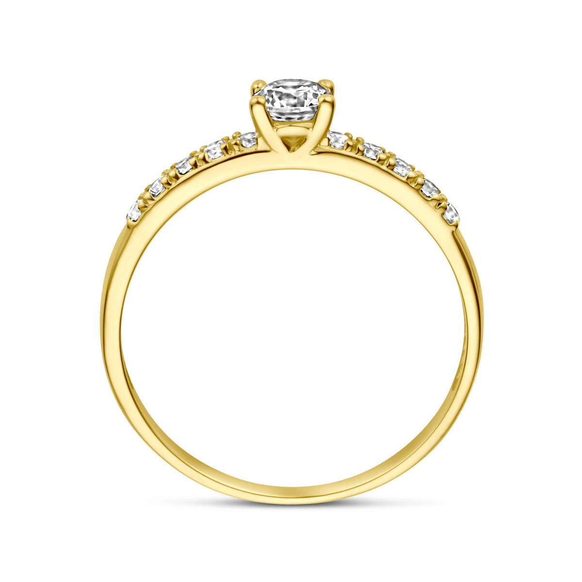 14-karaat gouden ring met solitaire zirkonia en twee zirkonia rijen