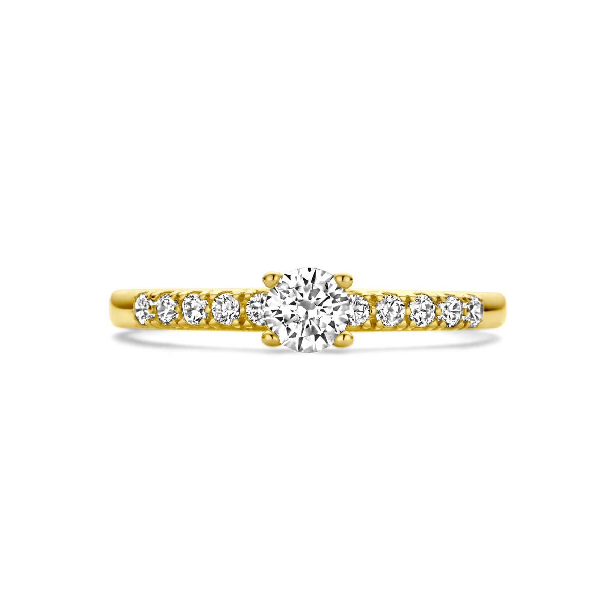 14-karaat gouden ring met solitaire zirkonia en twee zirkonia rijen