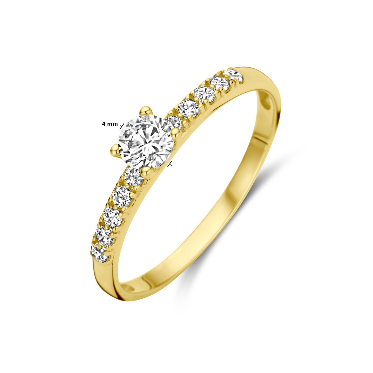 14-karaat gouden ring met solitaire zirkonia en twee zirkonia rijen