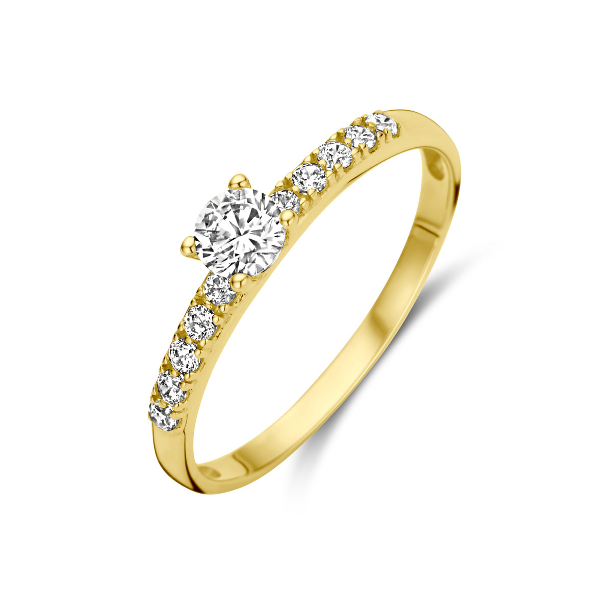 14-karaat gouden ring met solitaire zirkonia en twee zirkonia rijen