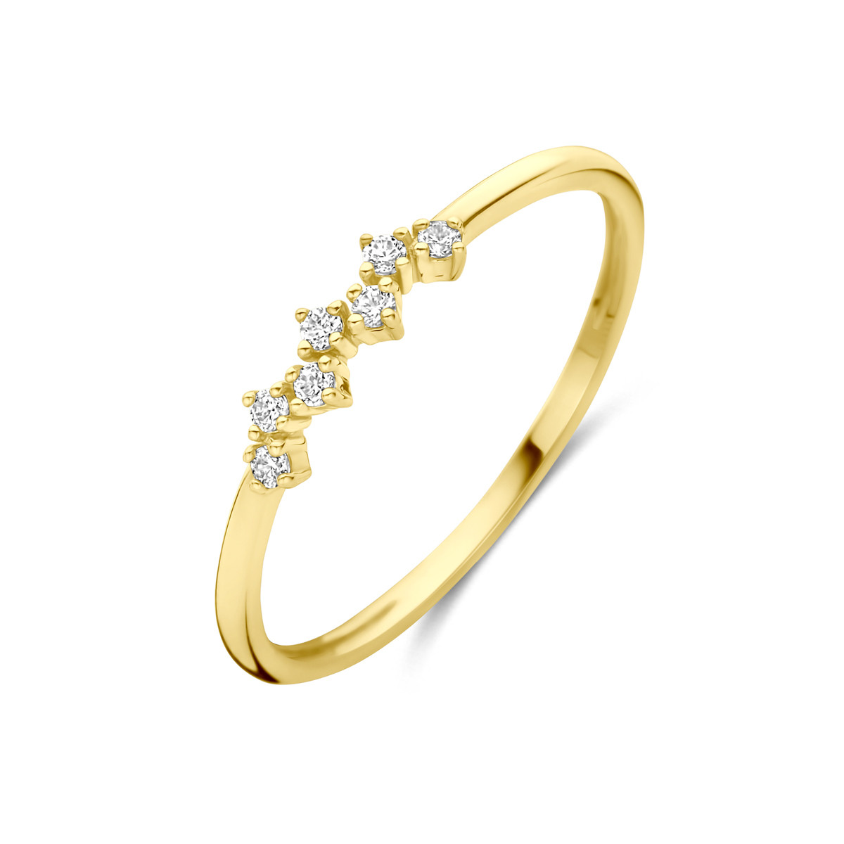 14-karaat gouden ring met transparante zirkonia zigzag patroon 3 mm breed