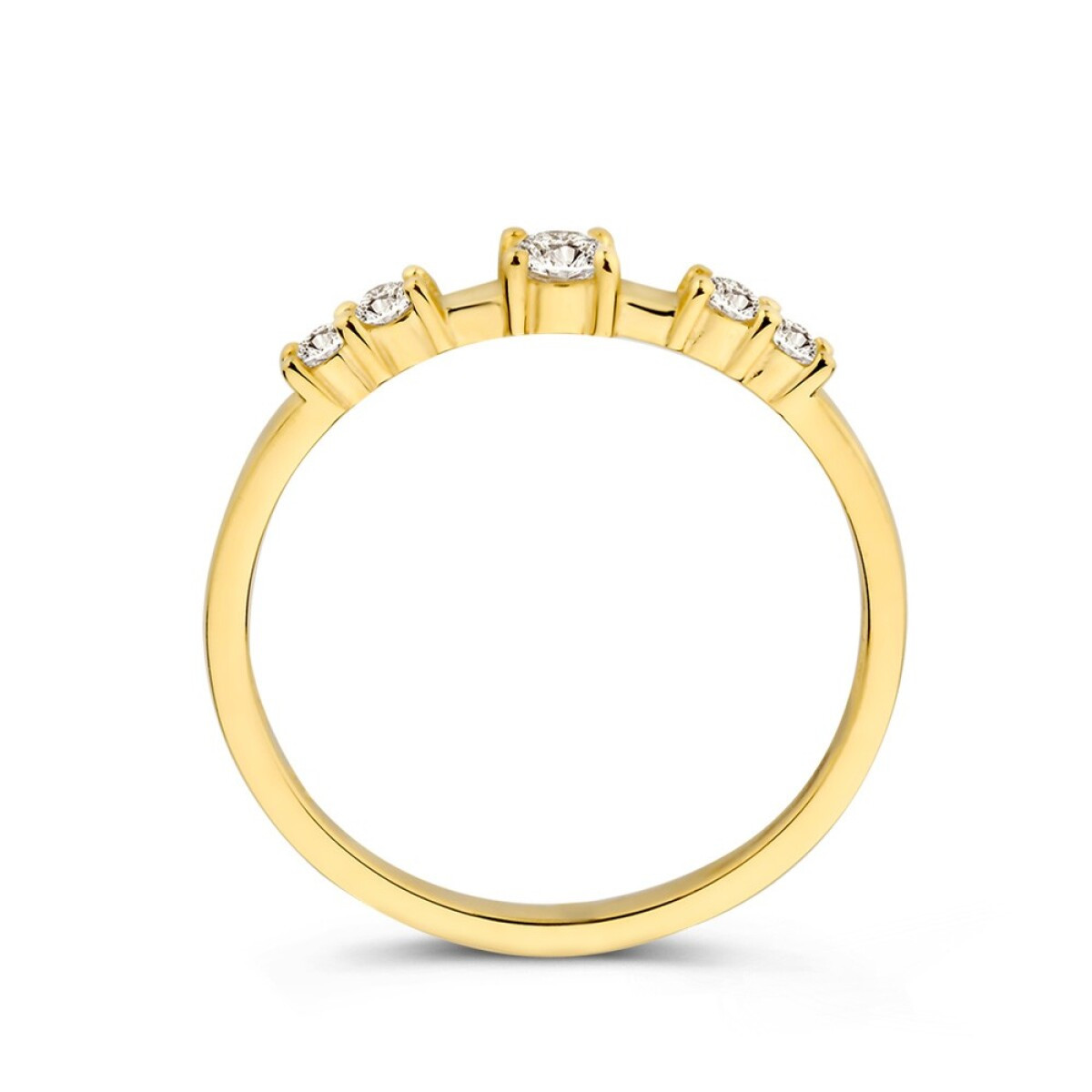 14-karaat gouden ring met vijf briljant geslepen transparante zirkonia's 3 mm breed