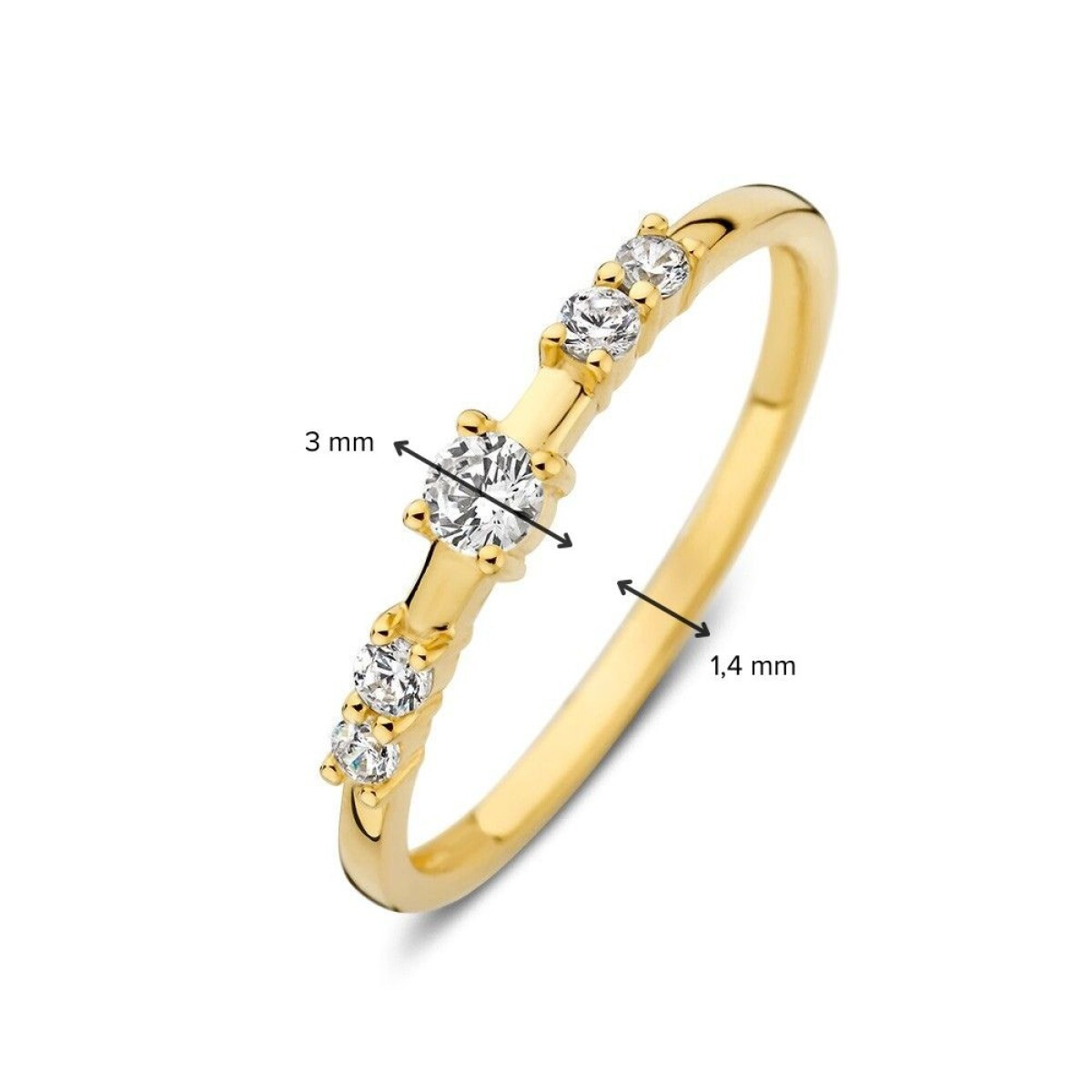14-karaat gouden ring met vijf briljant geslepen transparante zirkonia's 3 mm breed