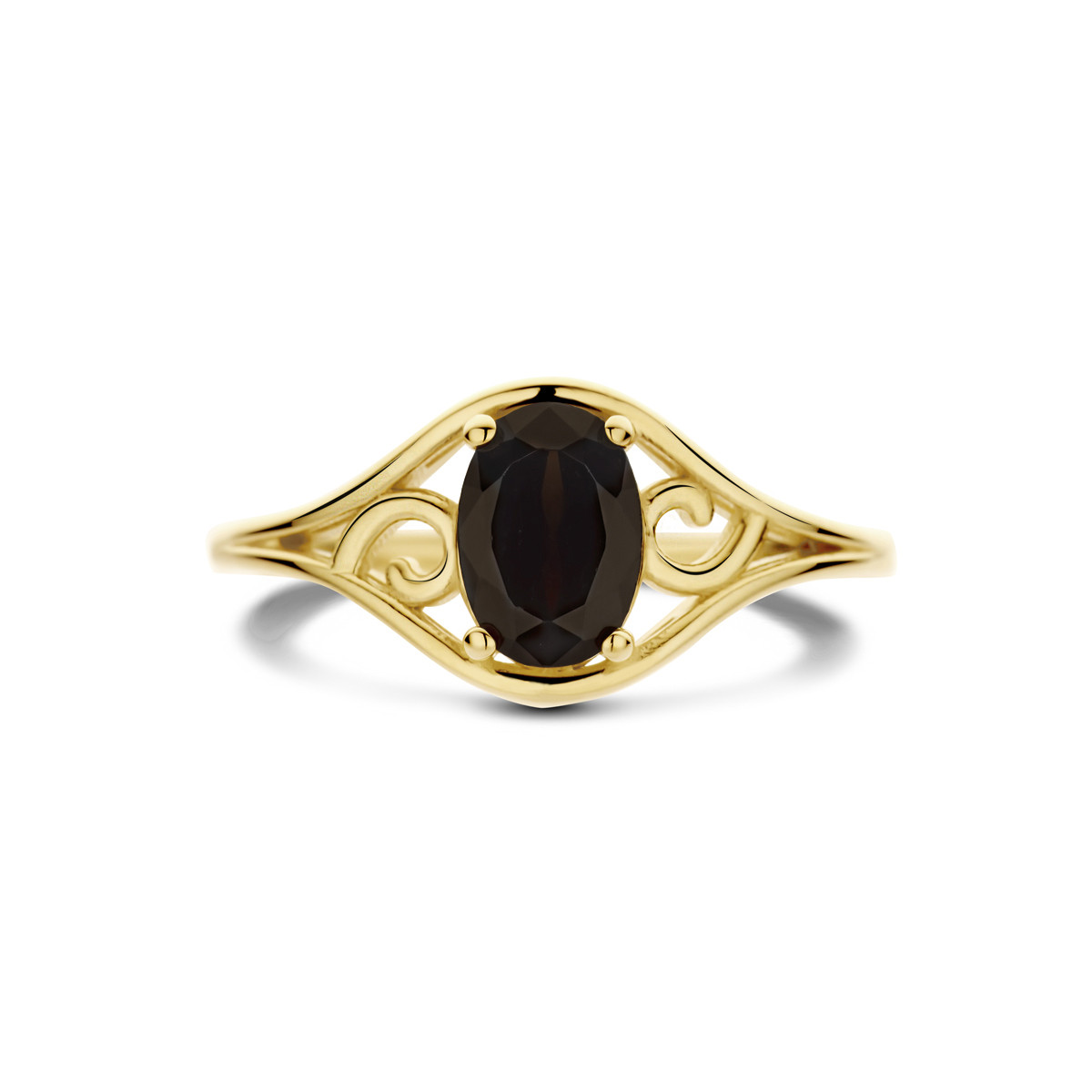 14-karaat gouden ring met zwarte onyx en sierlijke band 9 mm breed