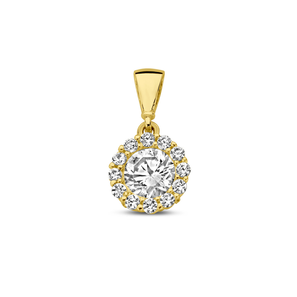 14-karaat gouden ronde halo hanger met zirkonia - 8 mm x 16 mm