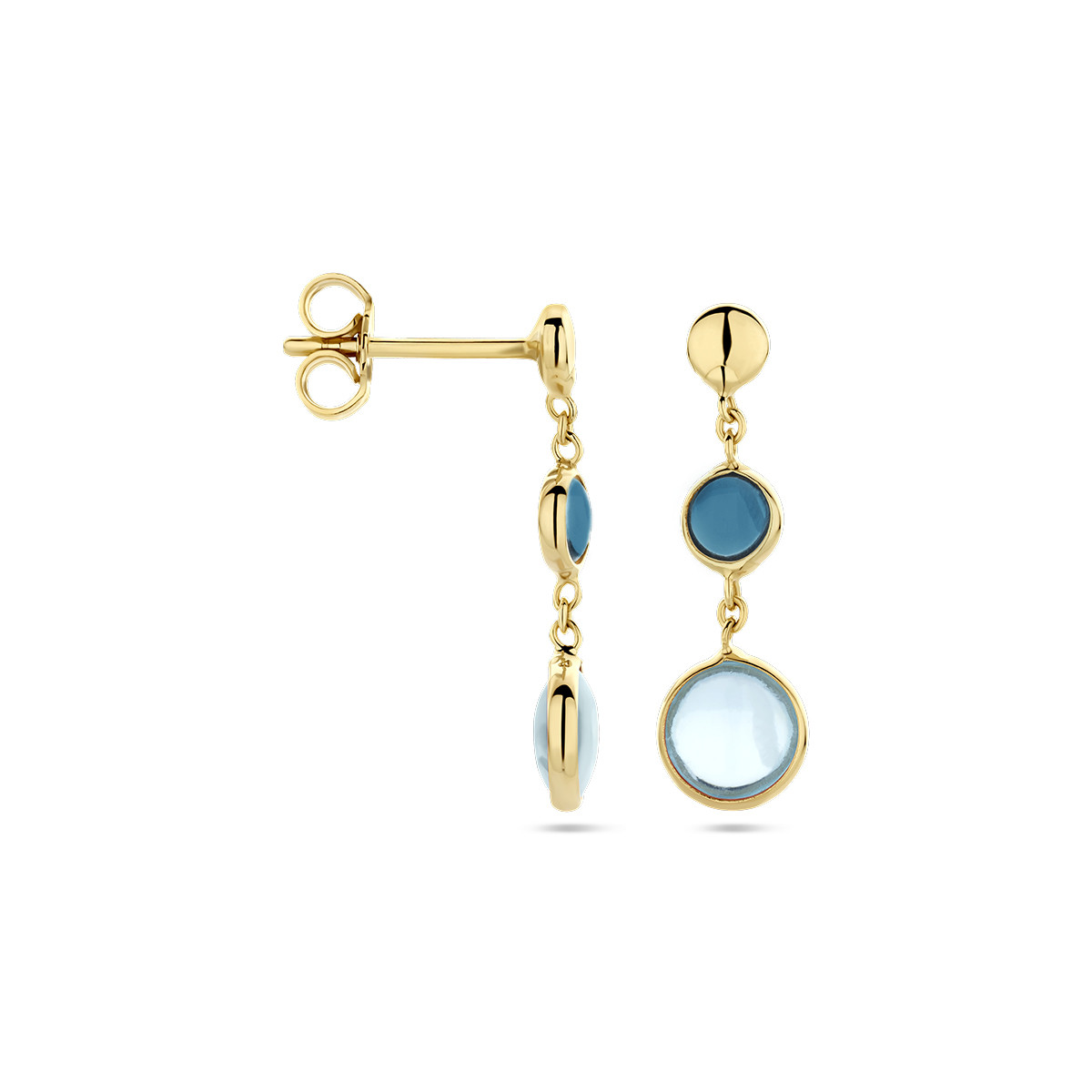 14-karaat gouden ronde oorhangers met london blue en blauwe topaas - 6.5 mm x 22 mm
