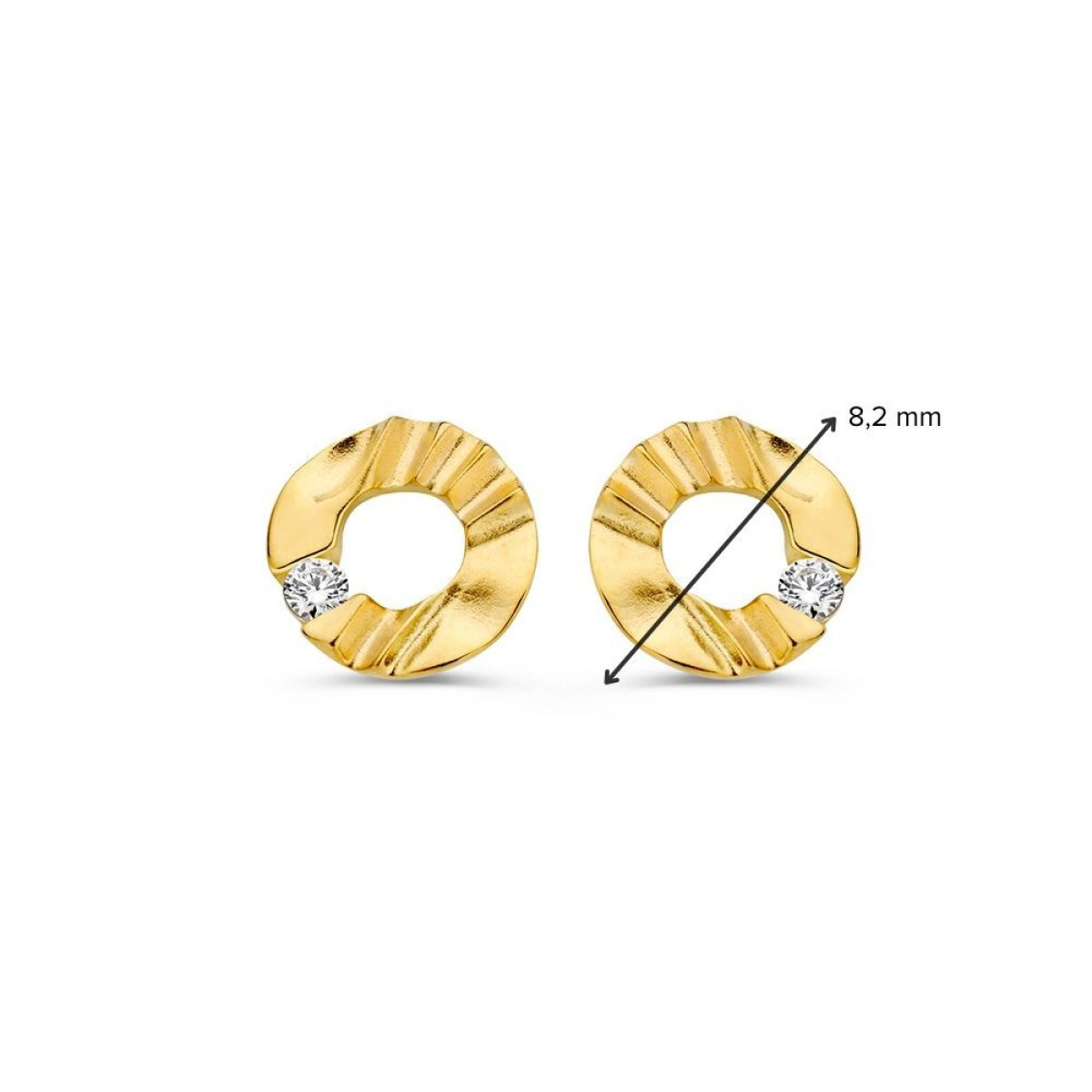 14-karaat gouden ronde oorstekers met reliëf en transparante zirkonia's - Diameter 8.2 mm