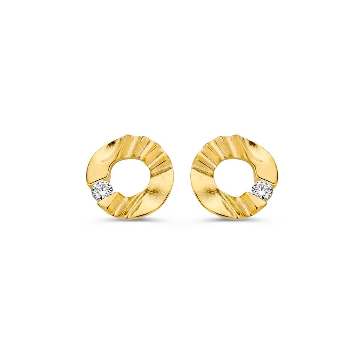 14-karaat gouden ronde oorstekers met reliëf en transparante zirkonia's - Diameter 8.2 mm