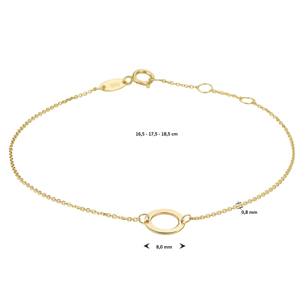 14-karaat gouden schakelarmband met ankerschakel glanzend 8 mm breed - Lengte 16.5-17.5-18.5 cm