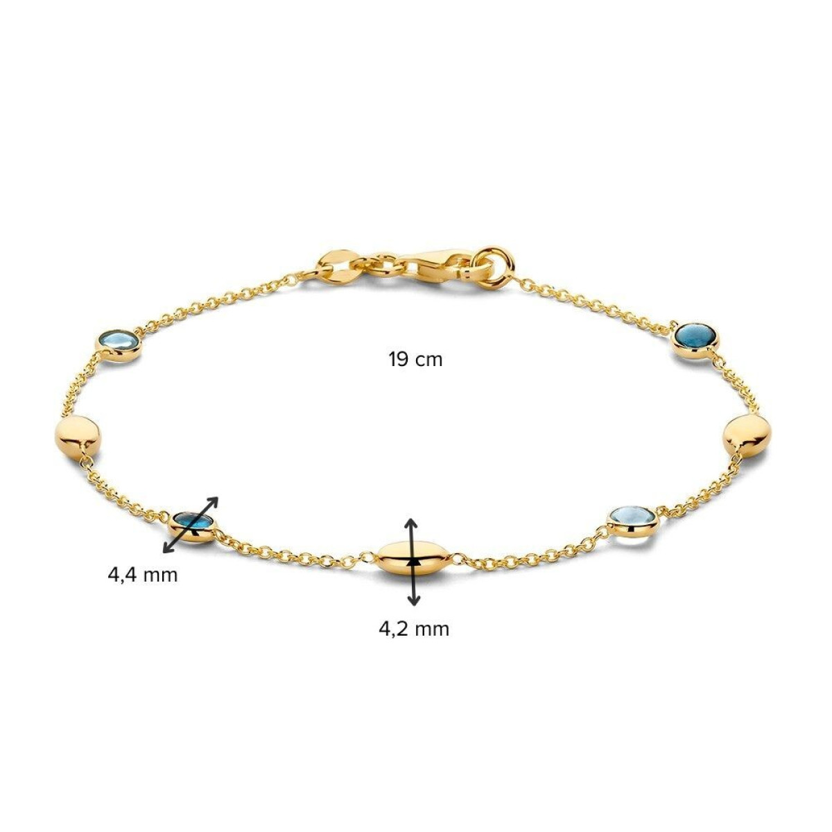 14-karaat gouden schakelarmband met blauwe topaas en glanzende afwerking - Lengte 19 cm