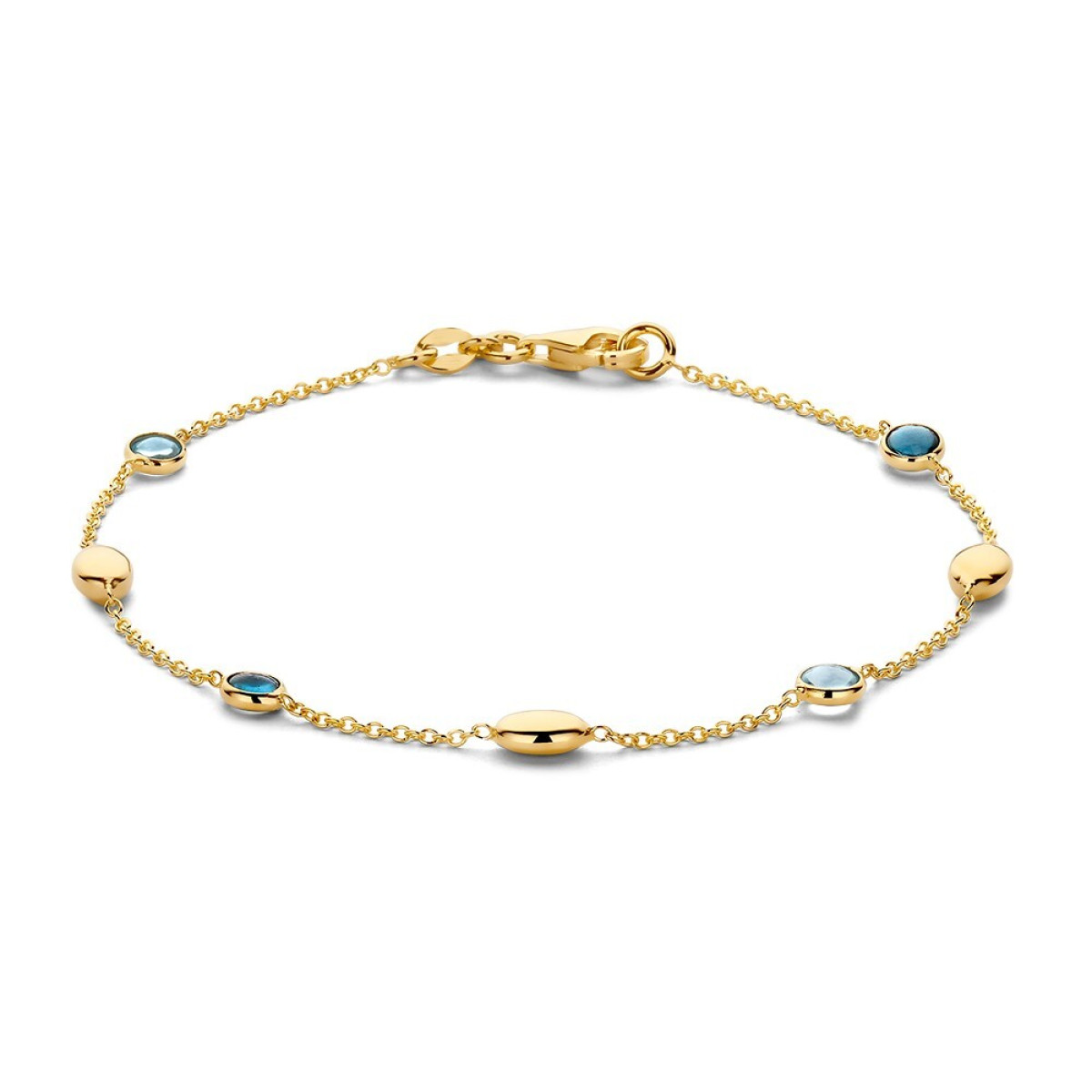 14-karaat gouden schakelarmband met blauwe topaas en glanzende afwerking - Lengte 19 cm