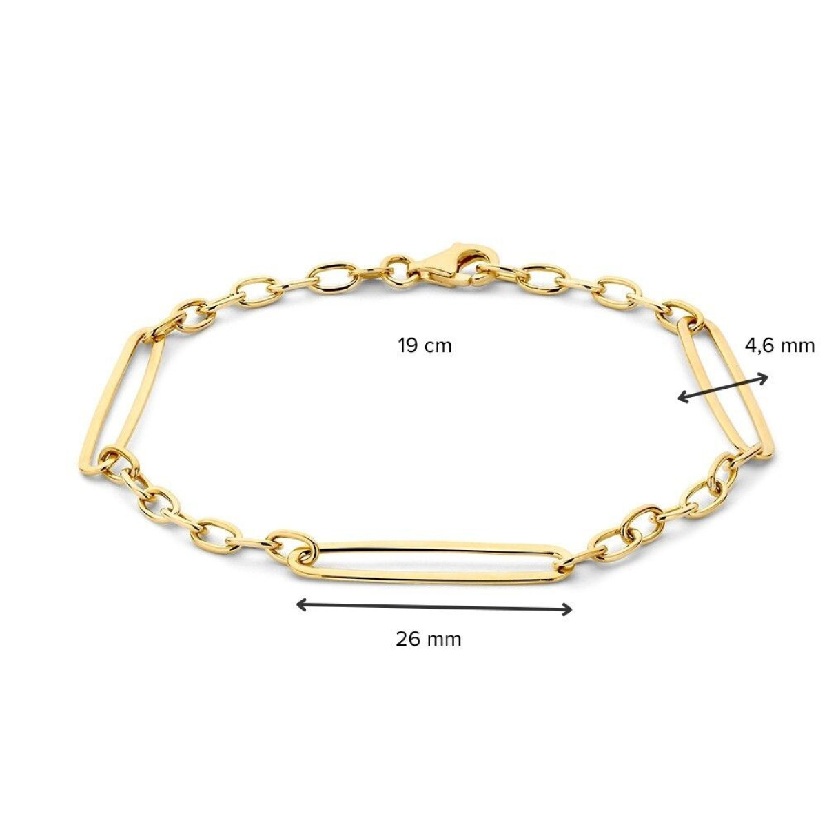 14-karaat gouden schakelarmband met drie brede paperclip schakels van 26 mm - Lengte 19 cm
