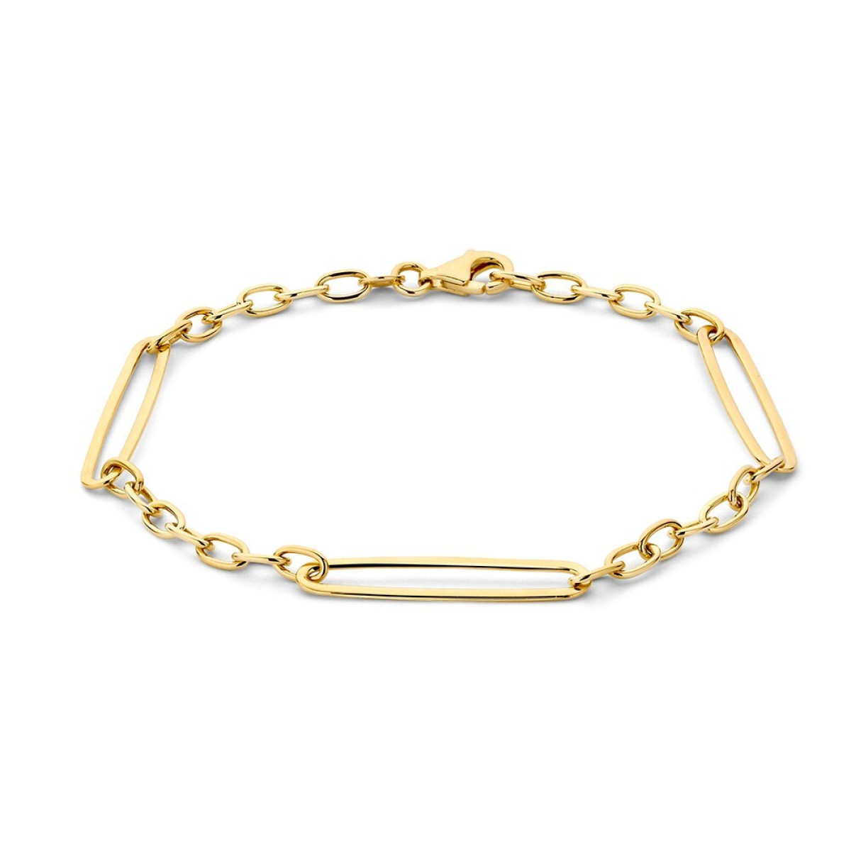 14-karaat gouden schakelarmband met drie brede paperclip schakels van 26 mm - Lengte 19 cm