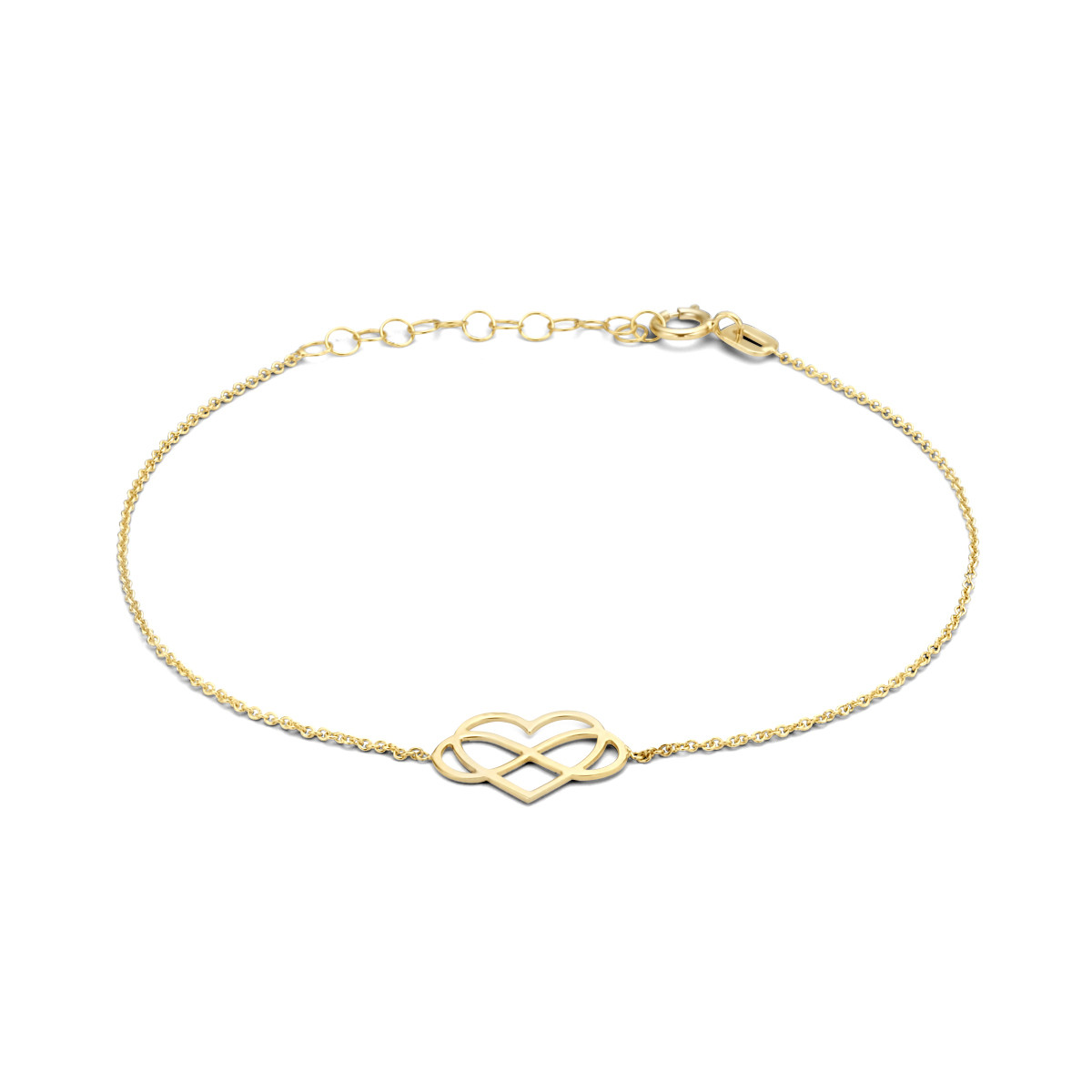 14-karaat gouden schakelarmband met hart- en infinityvorm 1 mm breed - Lengte 16-19 cm