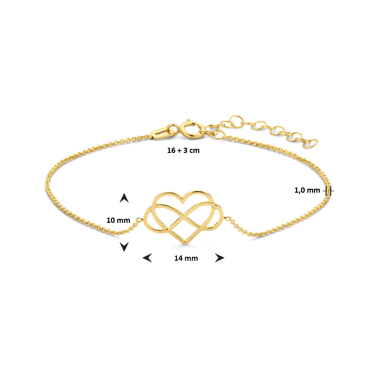 14-karaat gouden schakelarmband met hart- en infinityvorm 1 mm breed - Lengte 16-19 cm
