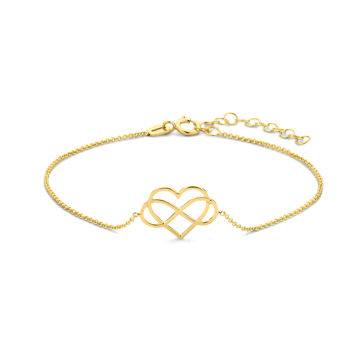 14-karaat gouden schakelarmband met hart- en infinityvorm 1 mm breed - Lengte 16-19 cm