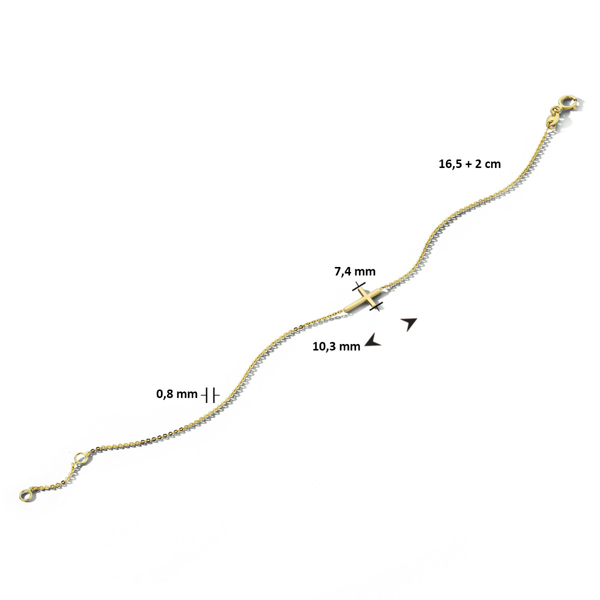 14-karaat gouden schakelarmband met kruisje en ankerschakels 7.4 mm breed - Lengte 16.5-18.5 cm