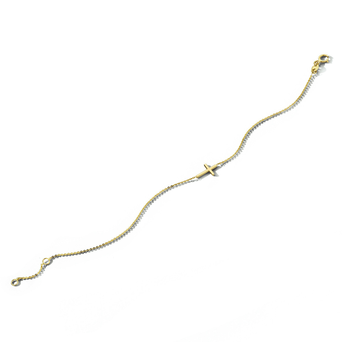 14-karaat gouden schakelarmband met kruisje en ankerschakels 7.4 mm breed - Lengte 16.5-18.5 cm