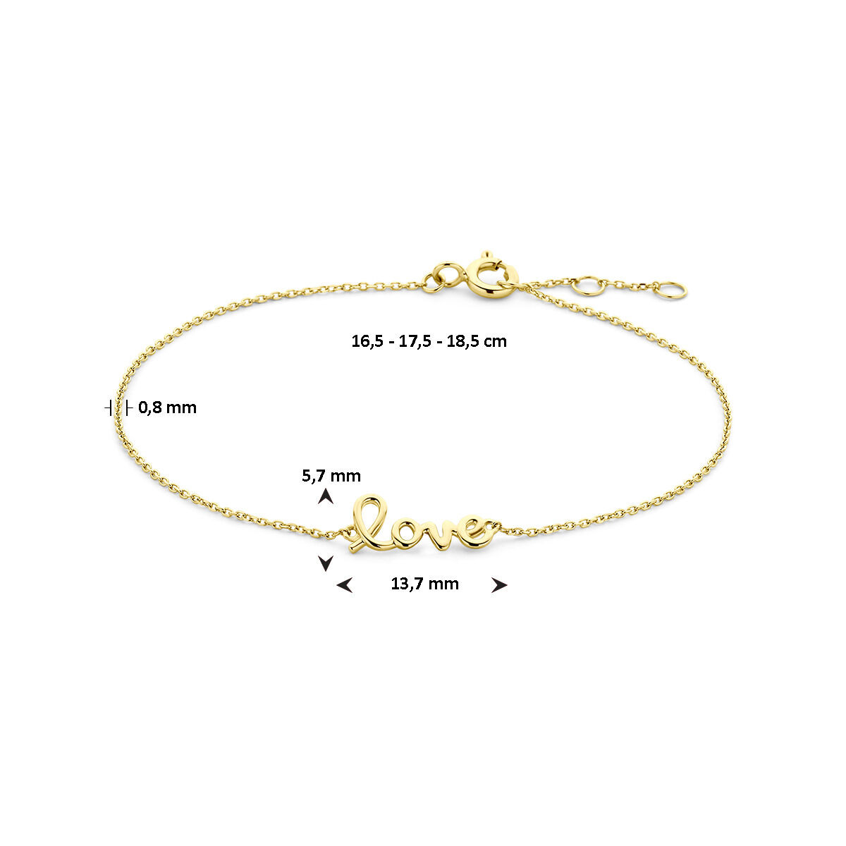 14-karaat gouden armband met tekst Love - Lengte 16 - 17.5 - 18.5 cm