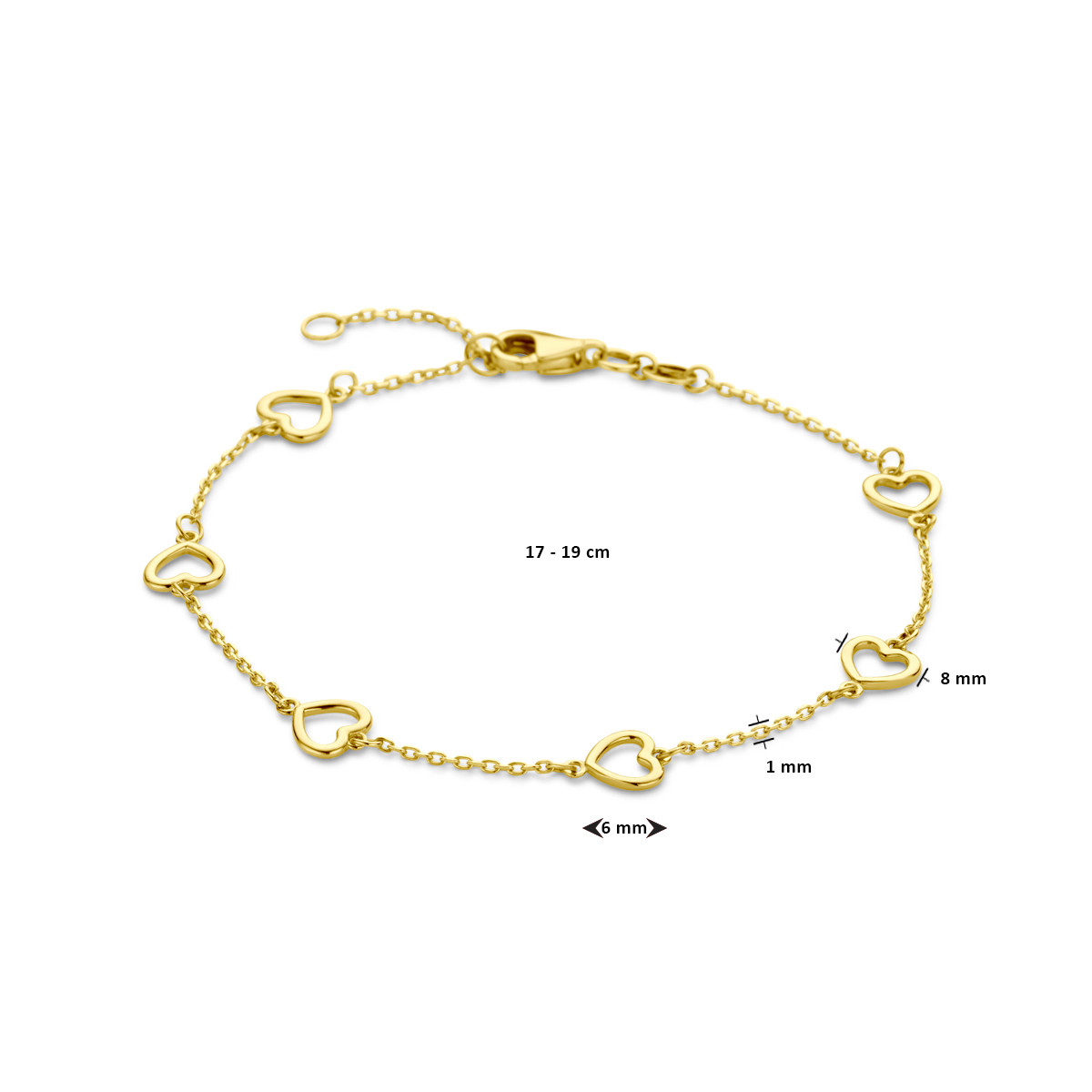 14-karaat gouden schakelarmband met open hartjes 8 mm breed - Lengte 17-19 cm