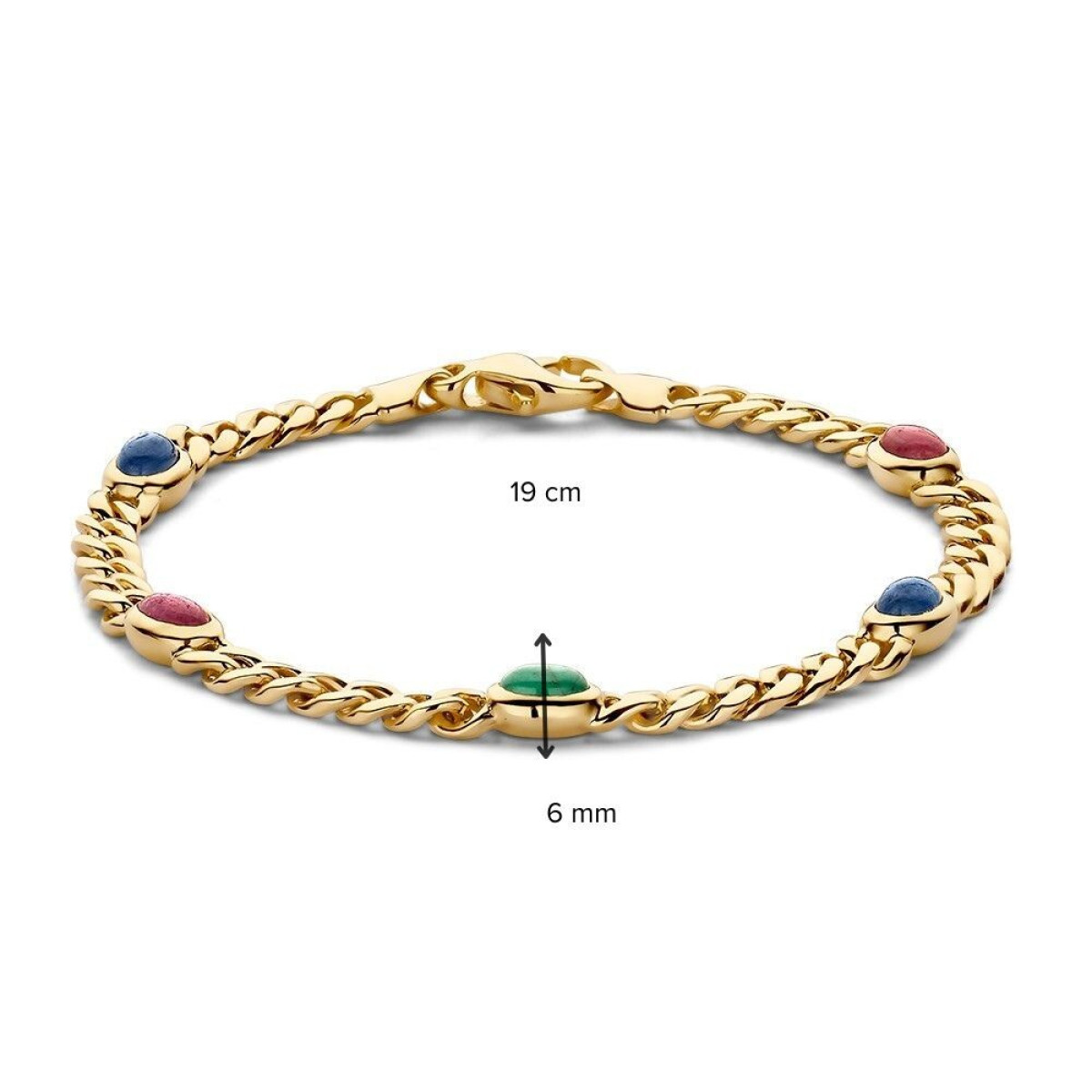 14-karaat gouden schakelarmband met ovale saffier robijn en smaragd van 6 mm - Lengte 19 cm