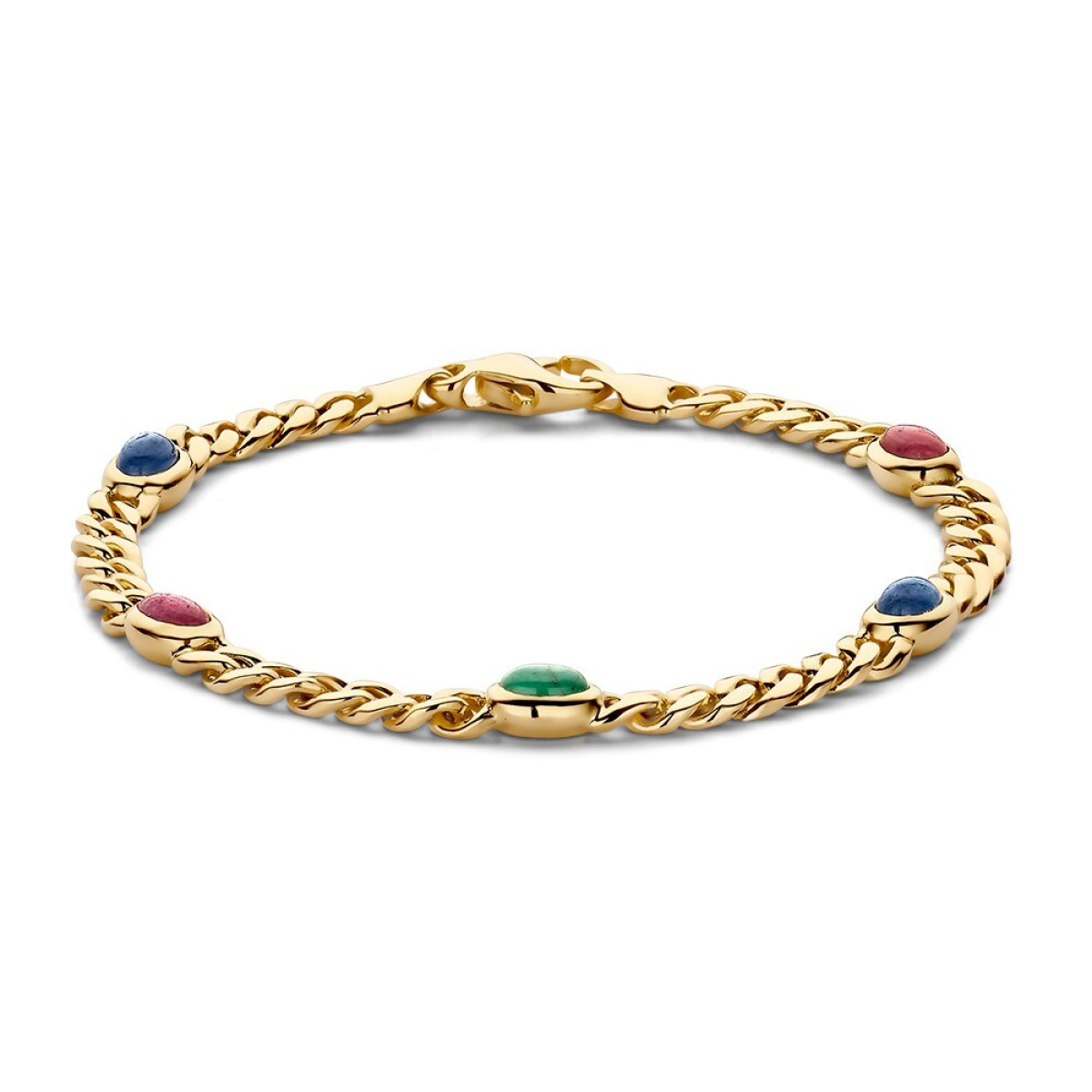 14-karaat gouden schakelarmband met ovale saffier robijn en smaragd van 6 mm - Lengte 19 cm