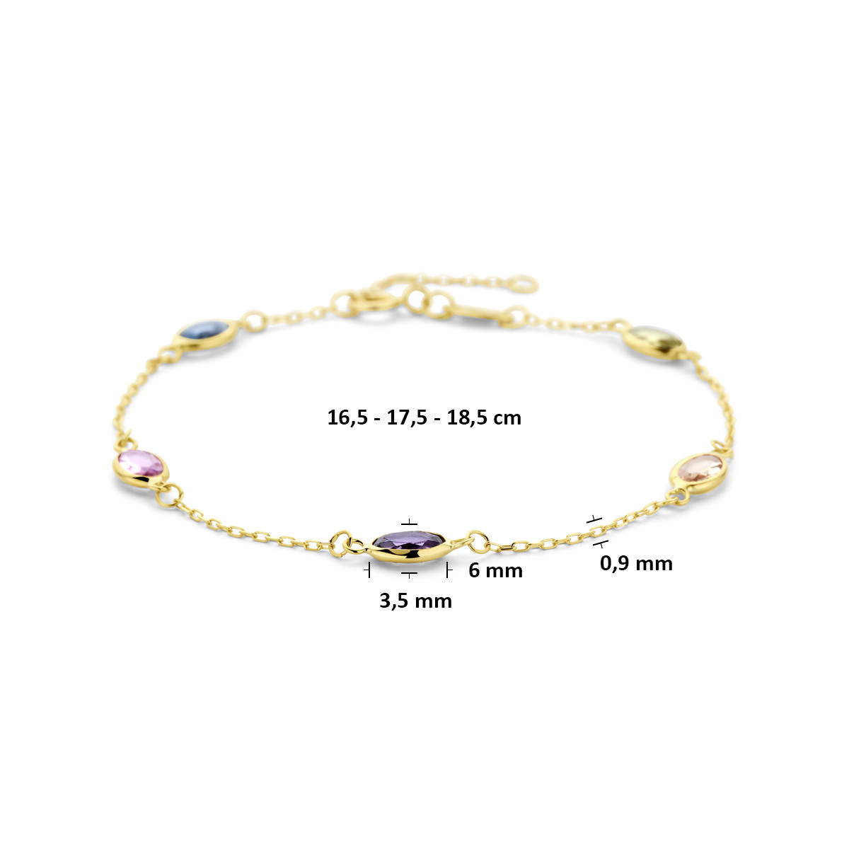 14-karaat gouden schakelarmband met paarse stenen 4.5 mm breed - Lengte 16.5-17.5-18.5 cm