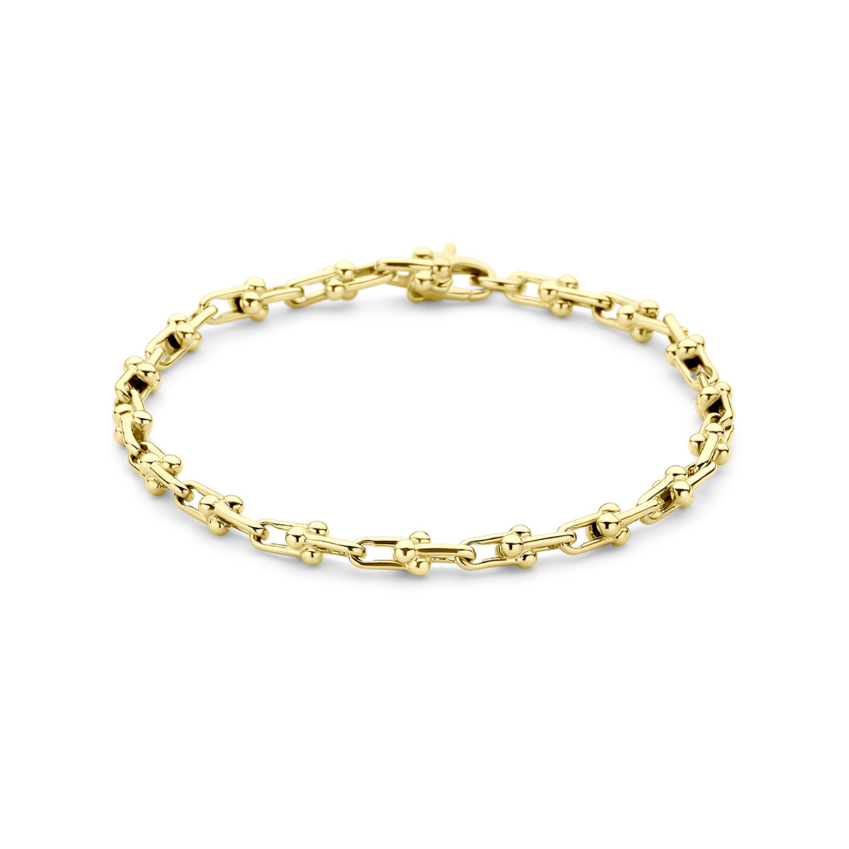 14-karaat gouden schakelarmband met speelse fantasieschakel 4.3 mm breed - Lengte 19 cm