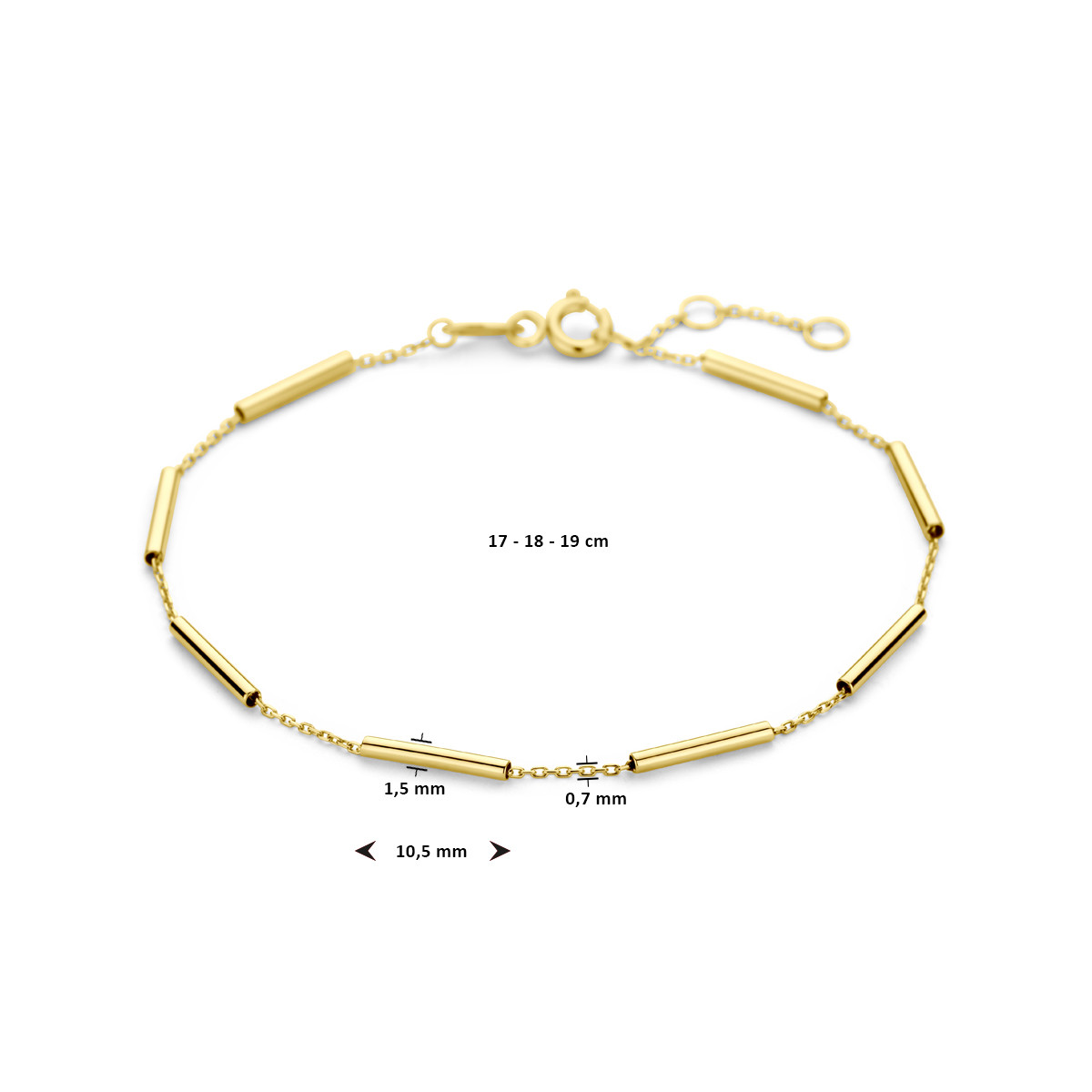 14-karaat gouden schakelarmband met staafjes - Lengte 17-19 cm