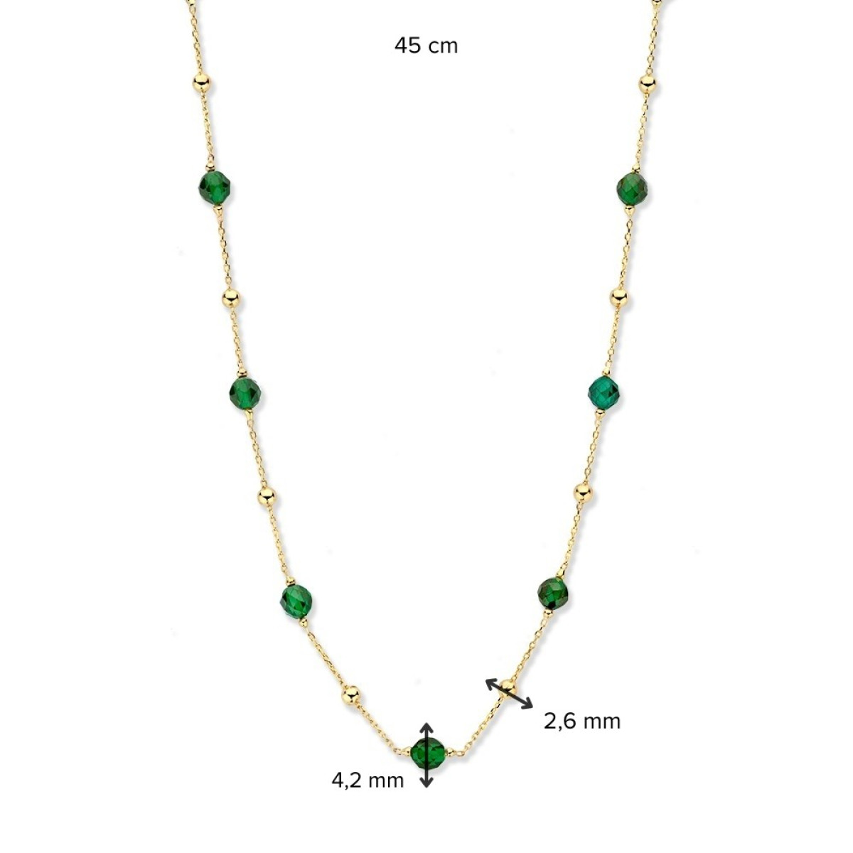 14-karaat gouden schakelketting met bolletjes en groene zirkonia stenen - Lengte 45 cm