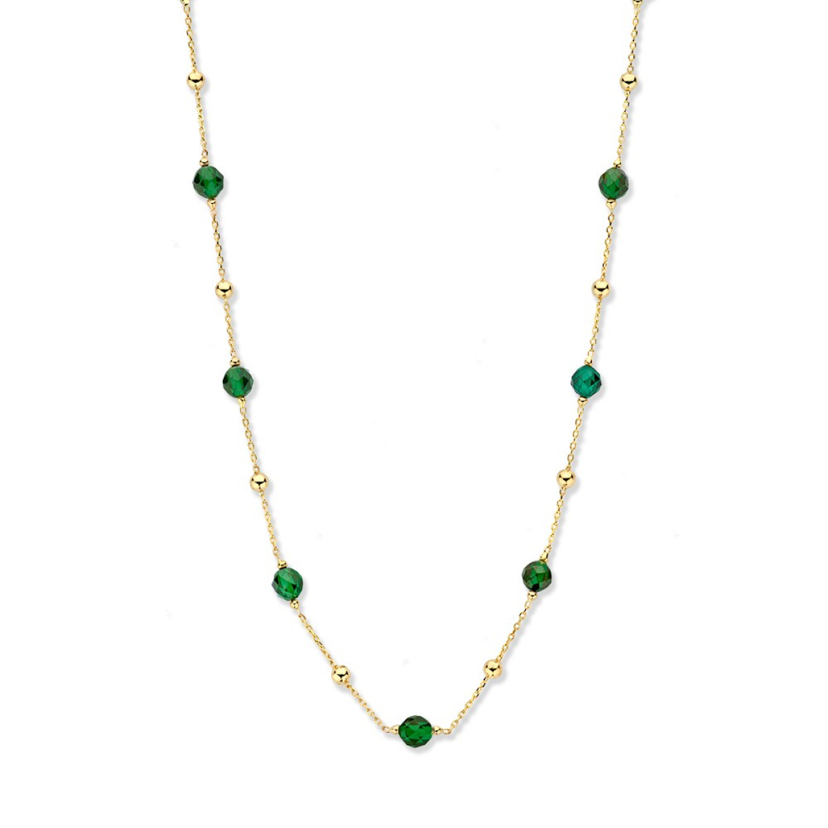 14-karaat gouden schakelketting met bolletjes en groene zirkonia stenen - Lengte 45 cm