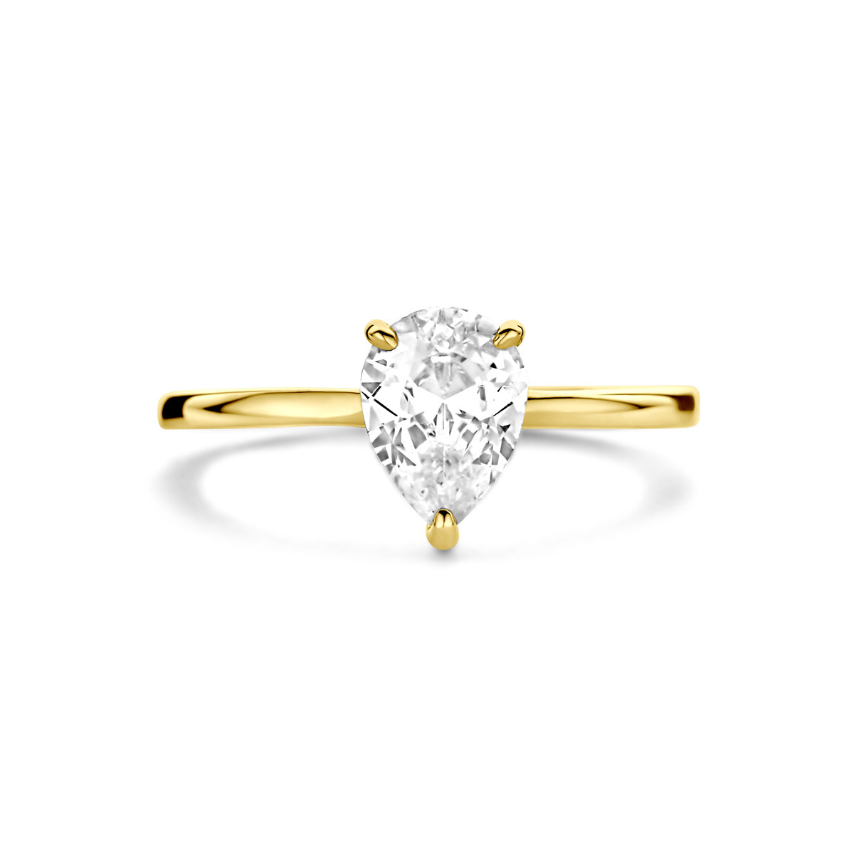 14-karaat gouden solitair ring met glanzende peer geslepen zirkonia 8 mm breed