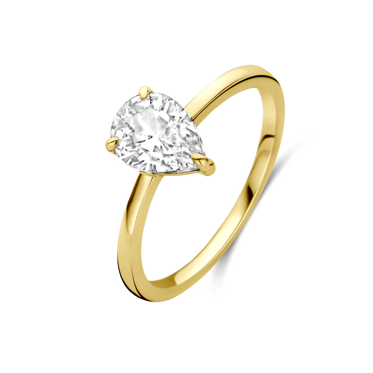 14-karaat gouden solitair ring met glanzende peer geslepen zirkonia 8 mm breed
