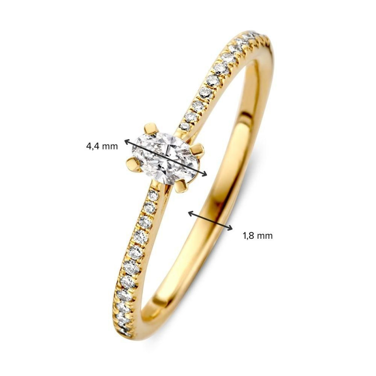 14-karaat gouden solitair ring met ovaal geslepen diamant en zijstenen 0.28 crt