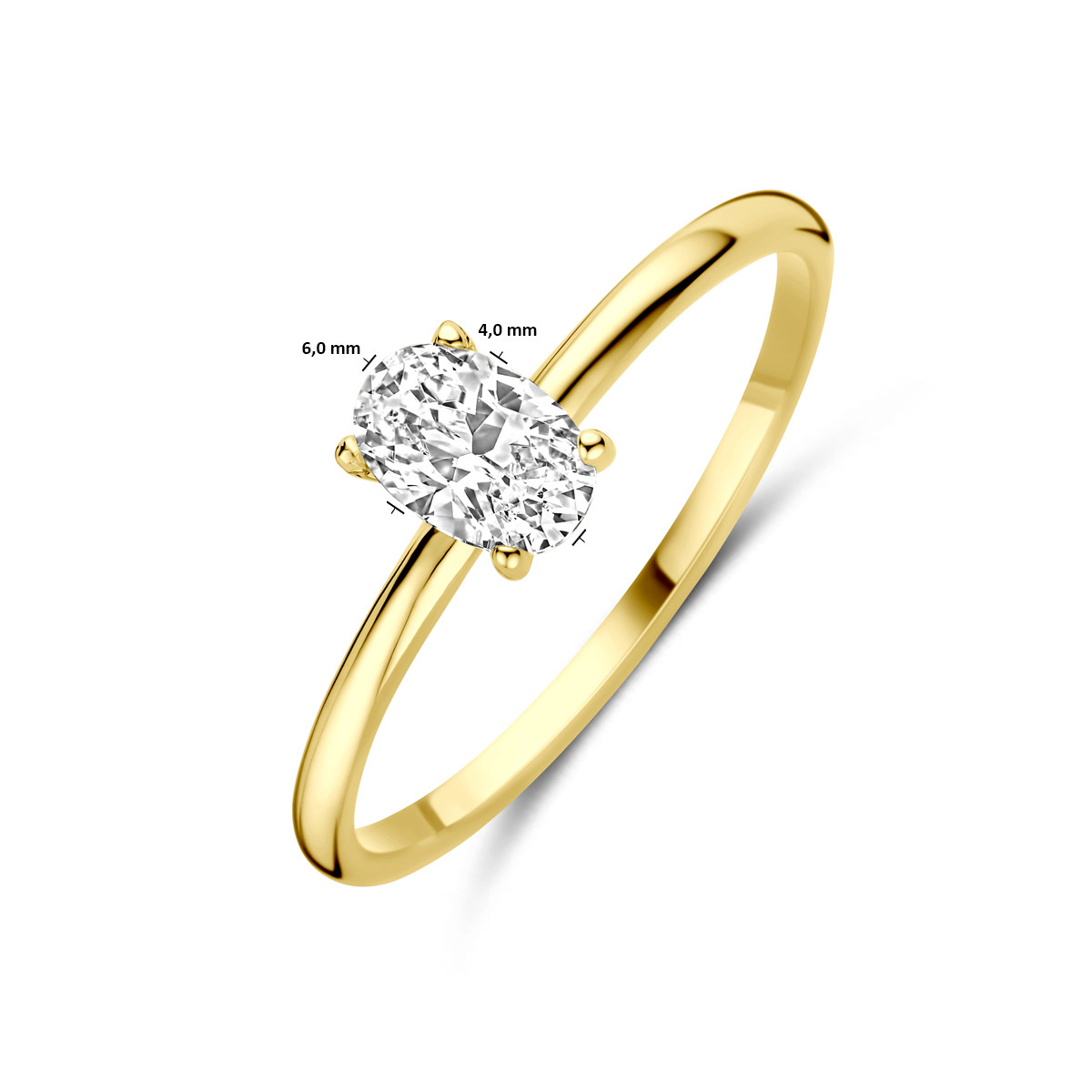 14-karaat gouden solitair ring met ovaal geslepen zirkonia 6 mm breed
