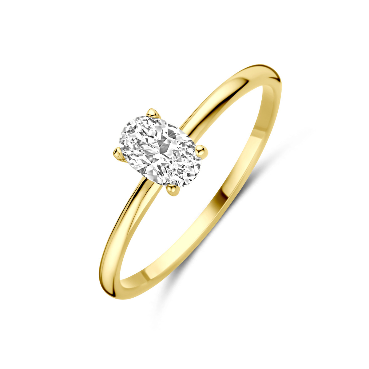 14-karaat gouden solitair ring met ovaal geslepen zirkonia 6 mm breed