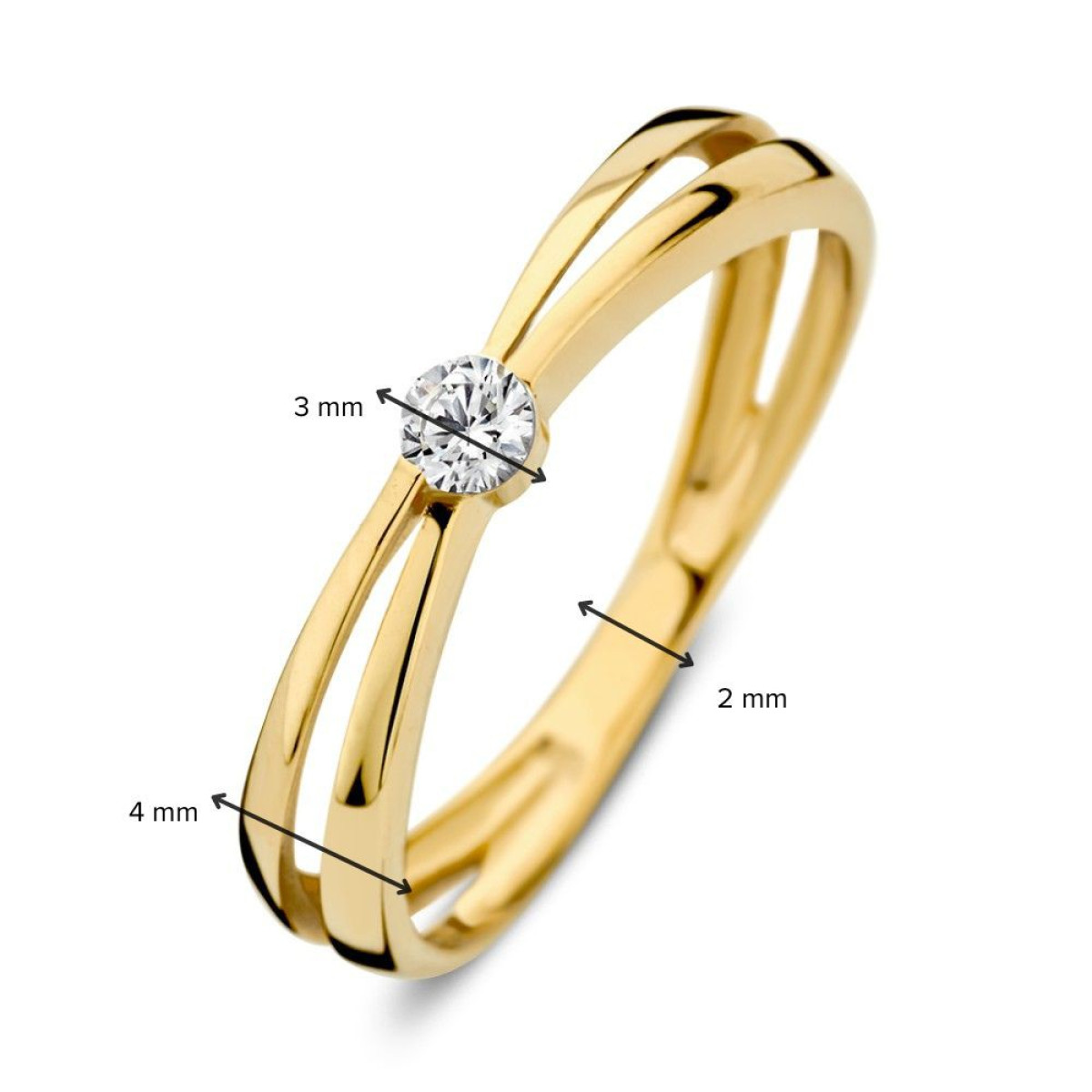 14-karaat gouden solitair ring met stralende zirkonia van 3 mm breed