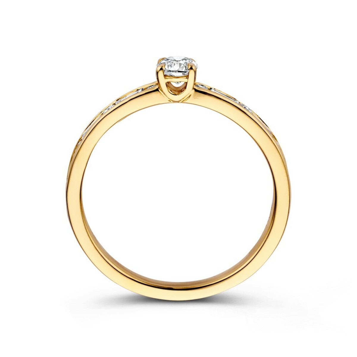 14-karaat gouden solitaire ring met briljant en baguette diamanten 0.63 crt