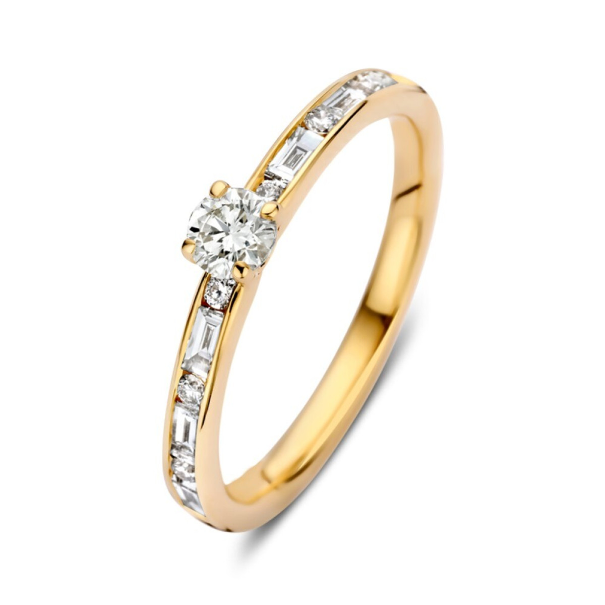 14-karaat gouden solitaire ring met briljant en baguette diamanten 0.63 crt