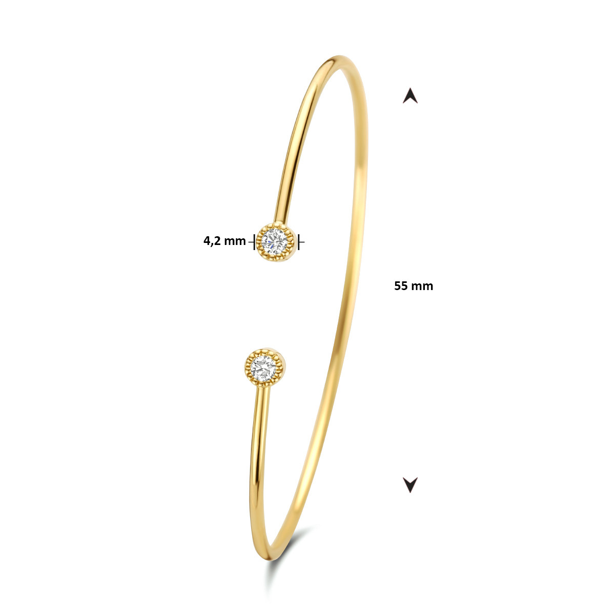 14-karaat gouden spang armband met twee diamanten - Diameter 55 mm