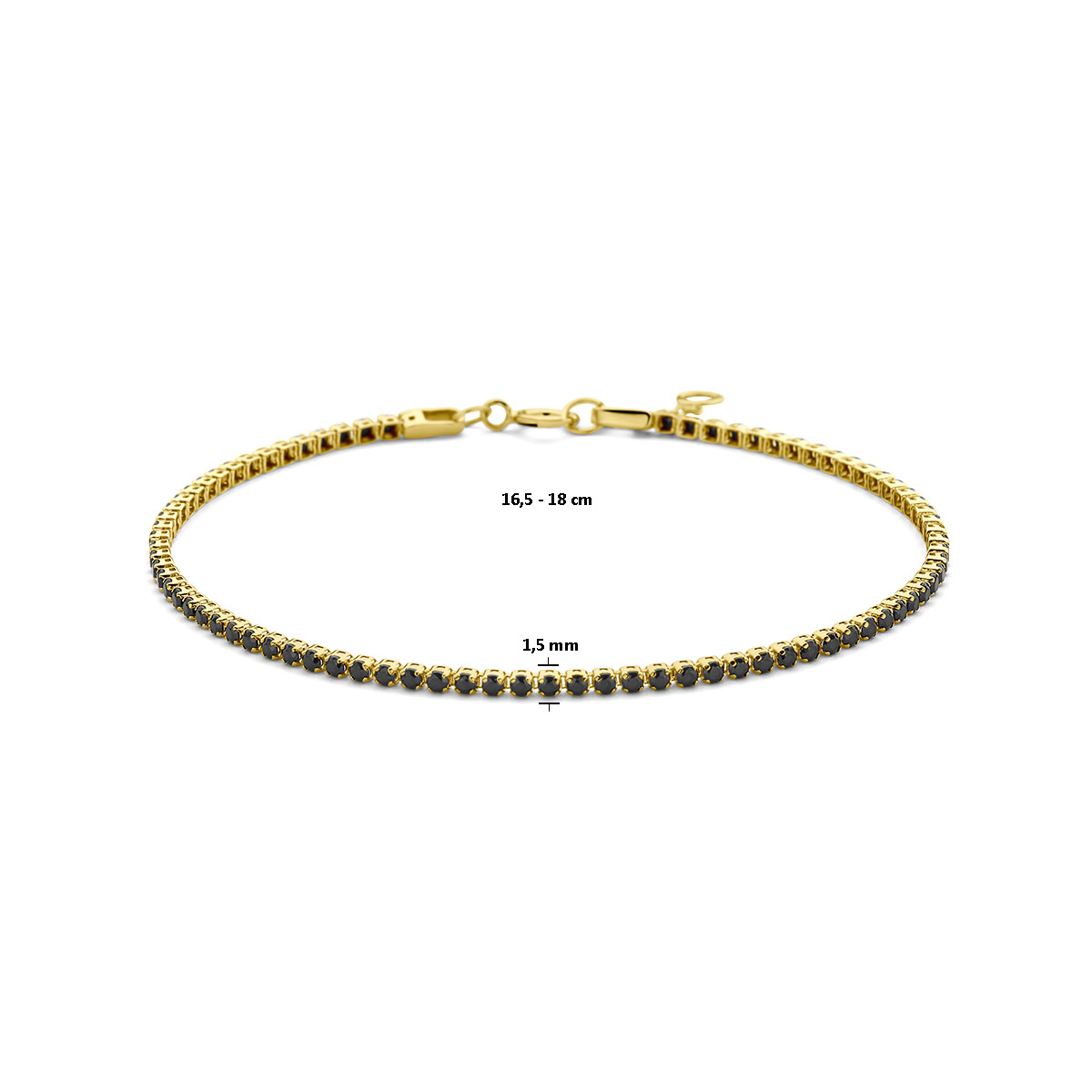 14-karaat gouden tennisarmband met zwarte spinel 1,5 mm breed - Lengte 16.5-18.5 cm