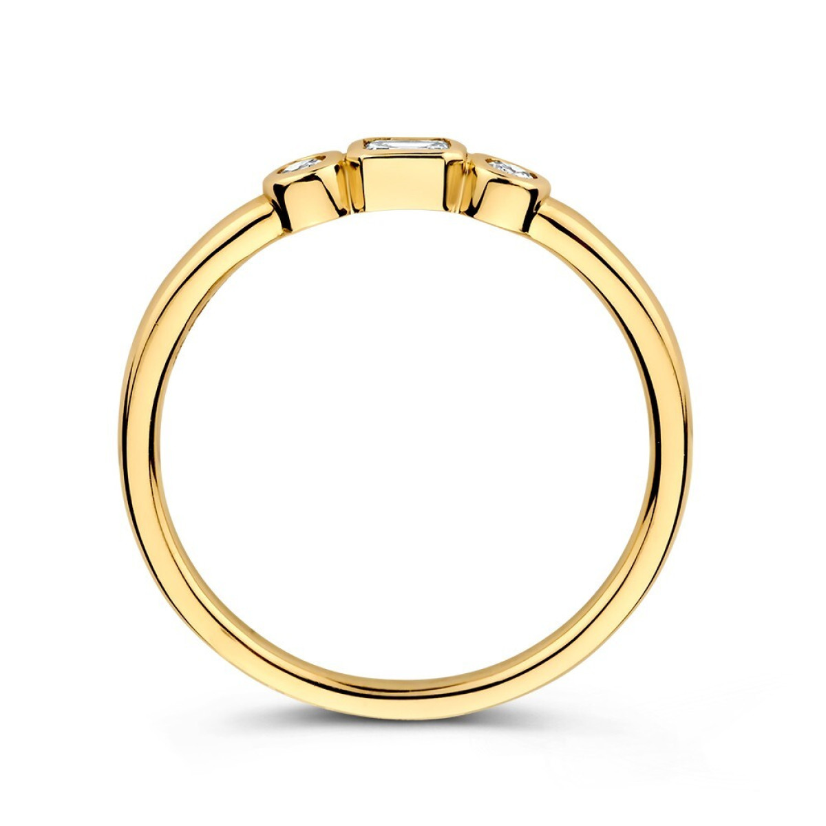 14-karaat gouden trilogy ring met rechthoekige en twee ronde diamanten 0.20 crt