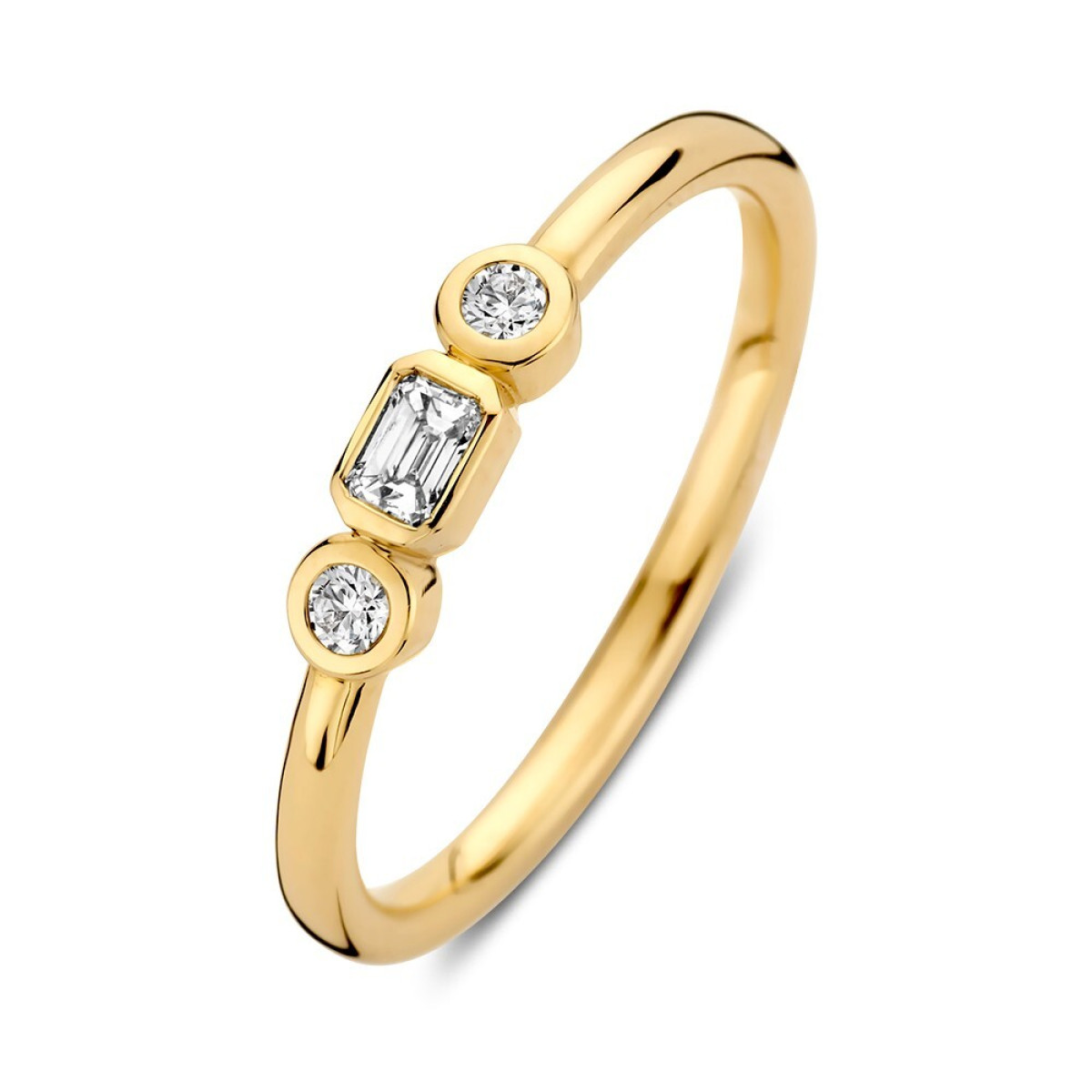 14-karaat gouden trilogy ring met rechthoekige en twee ronde diamanten 0.20 crt
