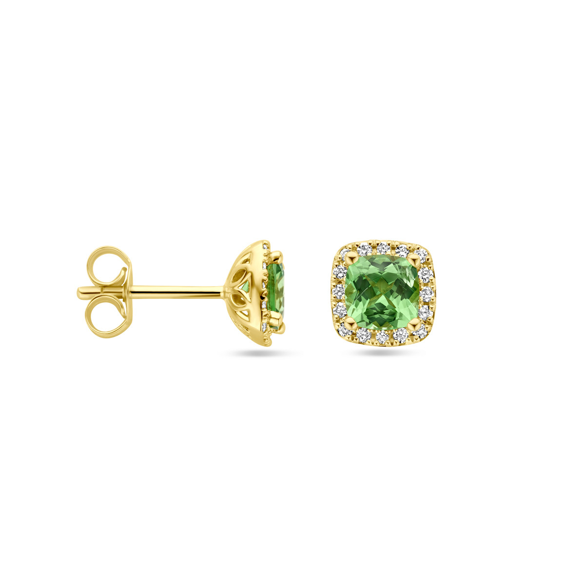 14-karaat gouden vierkante oorknoppen met groene tsavoriet en diamanten 0.18 crt - 7 mm