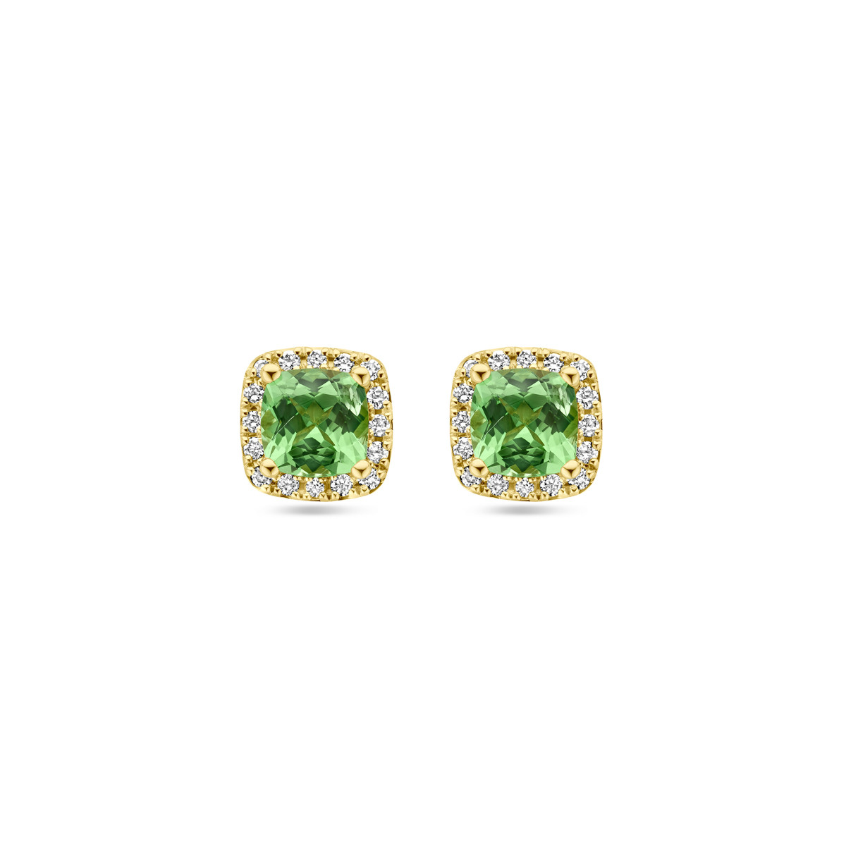 14-karaat gouden vierkante oorknoppen met groene tsavoriet en diamanten 0.18 crt - 7 mm