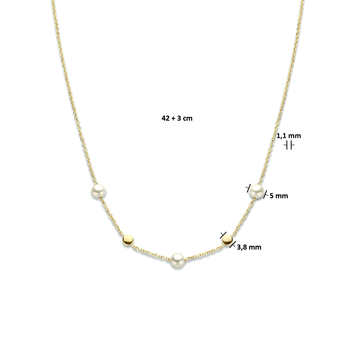 14-karaat ketting met rondjes en zoetwaterparels - Lengte 42 - 45 cm